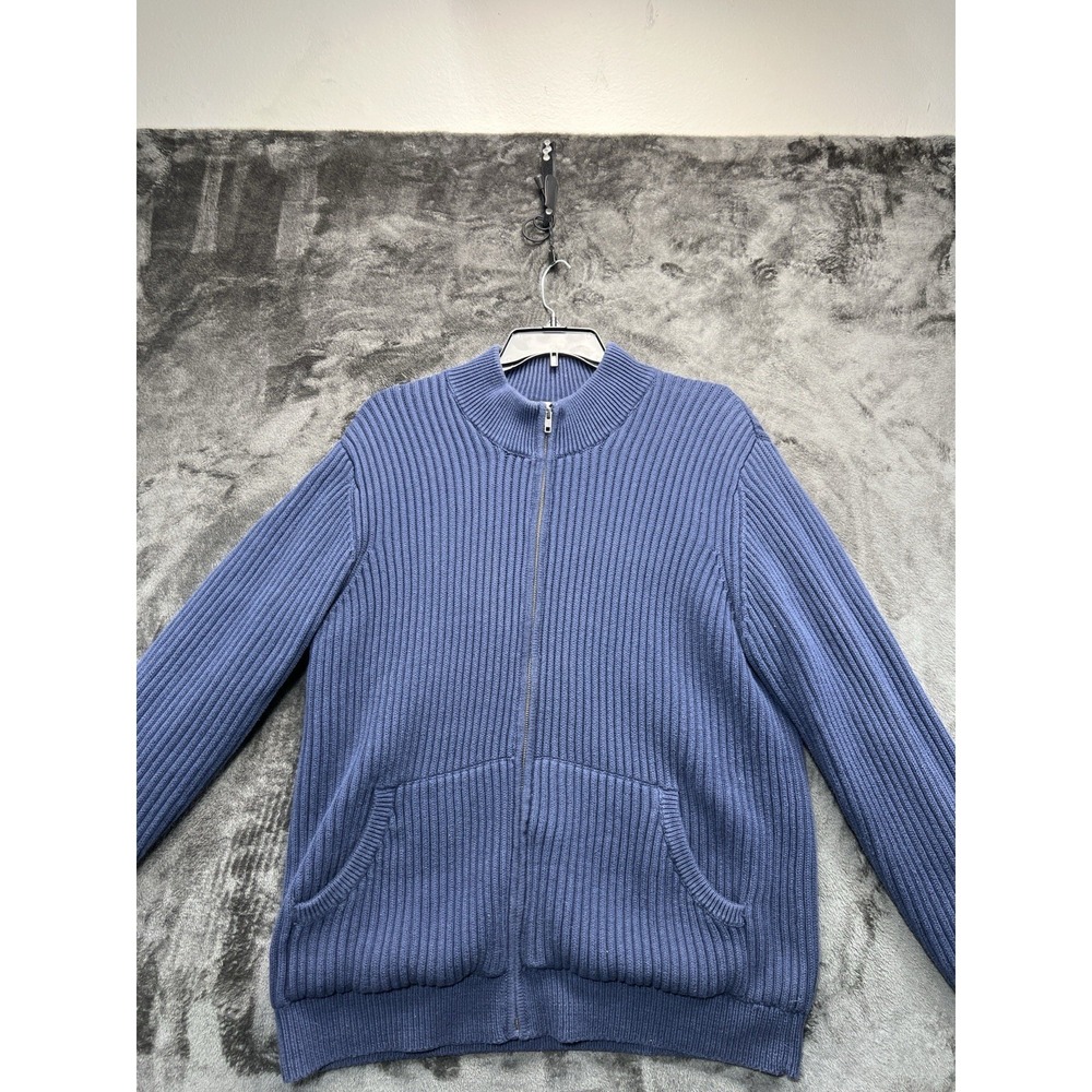 L.L.Bean Full Zip Sweater Jacket XL Blue Rib Knit Cotton Mock Neck